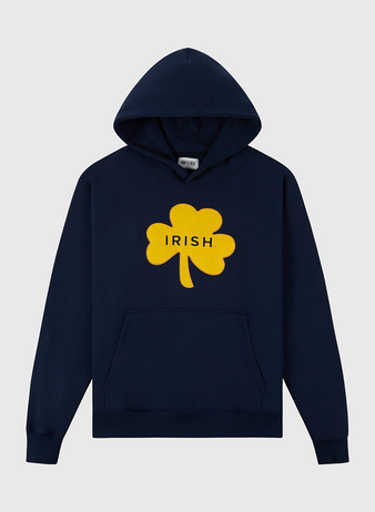 The Ebbets Field University of Notre Dame Heavyweight Cotton Terry Pullover Hoodie features a navy vintage look, bold yellow shamrock with black IRISH text, front pocket, and drawstring hood for comfort and style.