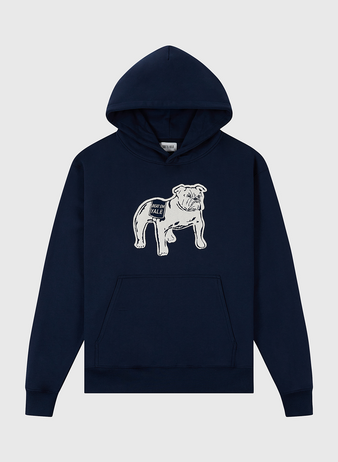 The Ebbets Field Yale University Heavyweight Cotton Terry Pullover Hoodie is a navy vintage-style piece with a bulldog illustration and YALE label, made from heavyweight French terry and shown on a plain white background.