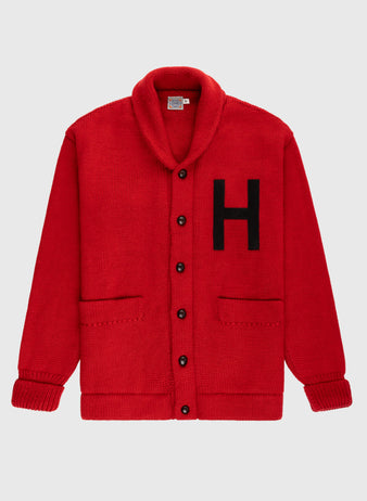 The EFF Harvard University 1940 Wool Shawl Collar Sweater features bright red wool, black buttons, front pockets, ribbed cuffs, a shawl collar, and a bold black H on the chest—a true vintage classic.