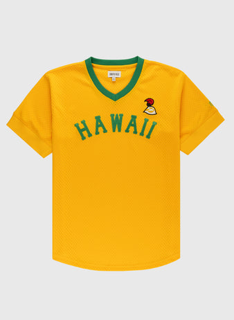 The Ebbets Field Hawaii Islanders (PCL) Mesh V-Neck Jersey features yellow mesh, green-trimmed collar, HAWAII in green across the chest, and a helmet logo above—a classic throwback baseball style.