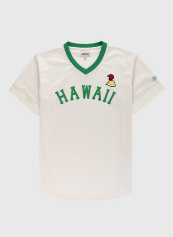 The Ebbets Field Hawaii Islanders (PCL) Mesh V-Neck Jersey features white mesh, green HAWAII text, a small bird logo, green V-neck collar, and white cuffs—throwback style inspired by classic Islanders baseball jerseys. Displayed on a plain background.