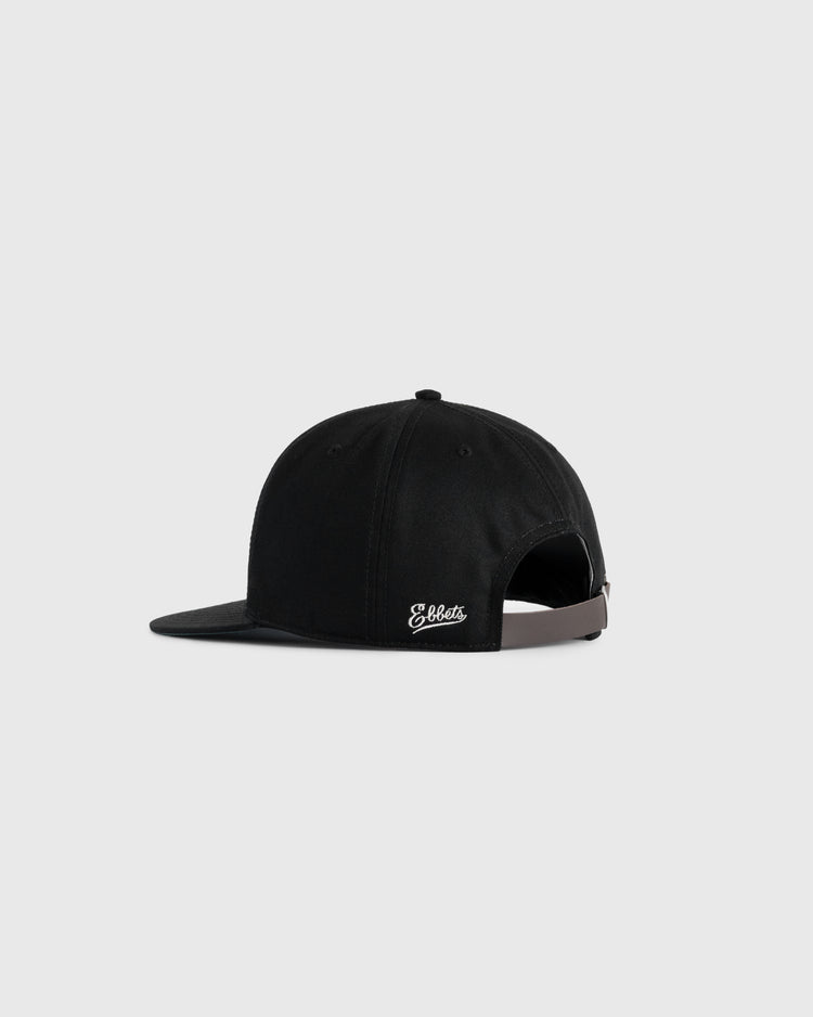 The Ebbets Field Flannels Homestead Grays Felt G Cotton Twill Ballcap is black with a flat brim, small white embroidered logo, adjustable gray strap, and shown from the back left on a plain light gray background.