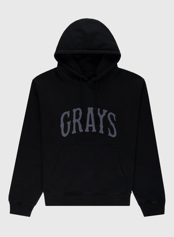 The Ebbets Field Flannels Homestead Grays Heavyweight Cotton Terry Pullover Hoodie features a front pocket and GRAYS in bold gray print, honoring the Homestead Grays and the Negro Leagues Baseball Museum.