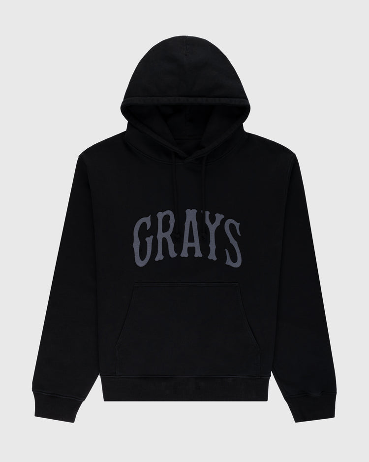 The Ebbets Field Flannels Homestead Grays Heavyweight Cotton Terry Pullover Hoodie features a front pocket and GRAYS in bold gray print, honoring the Homestead Grays and the Negro Leagues Baseball Museum.