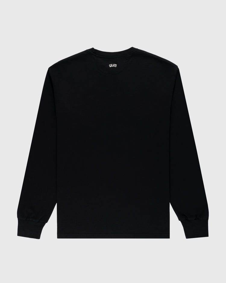 The Homestead Grays Embroidered G Long Sleeve Pocket Tee by Ebbets Field Flannels is displayed flat on a light gray background, showing the back with a crew neck and ribbed cuffs, celebrating Josh Gibsons timeless style.