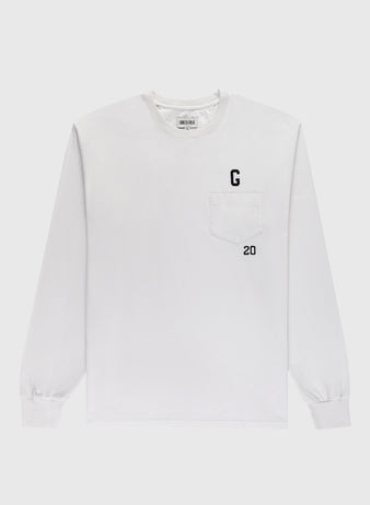 The Ebbets Field Flannels Homestead Grays Embroidered G Long Sleeve Pocket Tee is a white long-sleeve tee with a chest pocket, featuring a black G above and the number 20 below the pocket—honoring Josh Gibson.