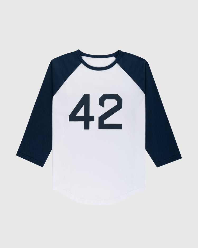 The Ebbets Field Jackie Robinson 42 Vintage Baseball Tee features a white body, black three-quarter raglan sleeves, and bold black 42 on the front for a classic baseball look.