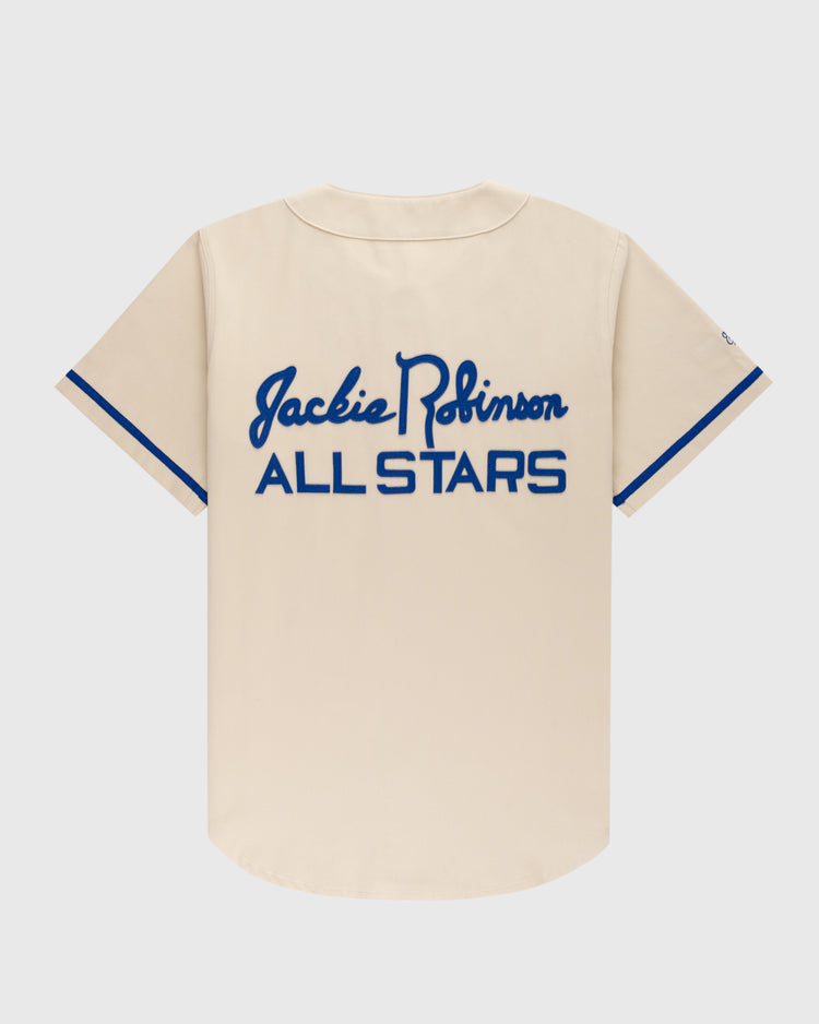 The Ebbets Field Jackie Robinson Cotton Twill Baseball Jersey features a cream color, blue sleeve trim, and Jackie Robinson All-Stars boldly displayed on the back, celebrating an iconic legacy.
