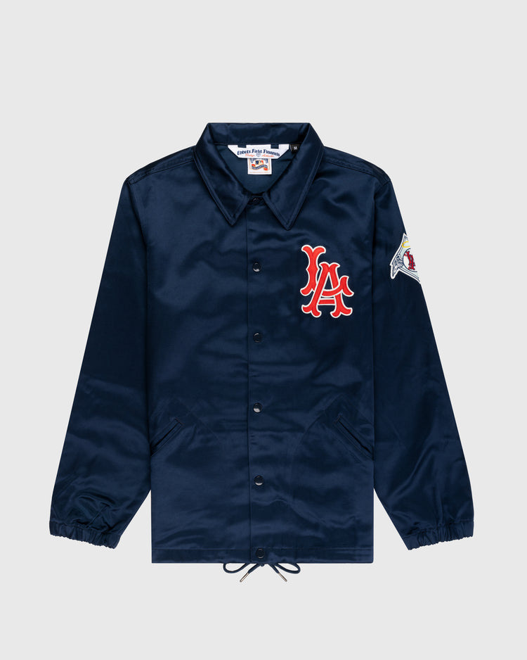 The EFF Los Angeles Angels 1946 Satin Windbreaker Jacket features navy blue satin, front buttons, a red and white YA chest logo, colorful sleeve patch, collar, elastic cuffs, and a drawstring hem—vintage Pacific Coast League style.