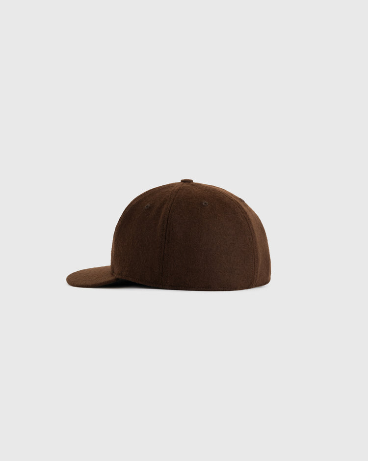 The EFF Mission Bears Vintage Inspired Wool Ballcap in dark brown, featuring the 1926 logo, is shown from the side on a light gray background.
