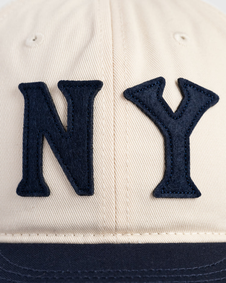 A close-up of the Ebbets Field New York Black Yankees Felt NY Cotton Twill Ballcap, made from premium cotton twill for an authentic look.