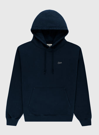 The Ebbets Field Flannels Ebbets Chest Logo Heavyweight Cotton Terry Pullover Hoodie in navy features a vintage-inspired design, front pocket, drawstrings, and a small embroidered left chest logo, shown on a plain light gray background.