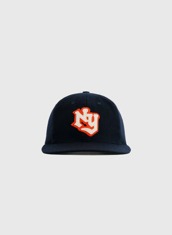 The EFF New York Knights 1939 Authentic Wool Ballcap from The Natural features a vintage navy design with a bold orange and white NY logo, shown against a light gray background.