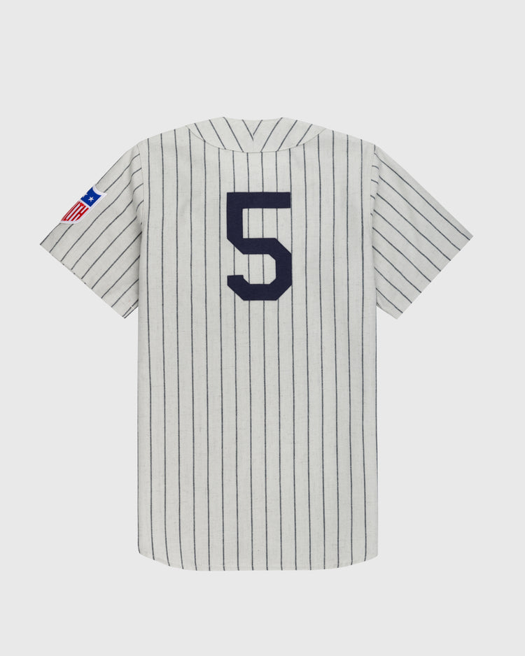The Ebbets Field New York Black Yankees 1942 Authentic Wool Home Baseball Jersey features white pinstripes, short sleeves, the number 5 in navy on the back, and an American flag patch on the left sleeve.