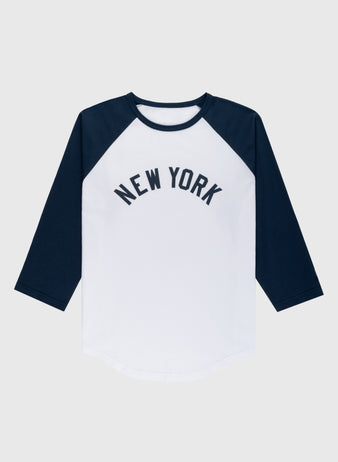 The Ebbets Field New York Black Yankees Vintage Baseball Tee features black 3/4 raglan sleeves, a white body, and “NEW YORK” arched on the chest, inspired by the Negro National League team.