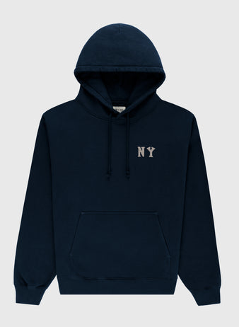 The Ebbets Field New York Black Yankees Embroidered NY Heavyweight Cotton Terry Pullover Hoodie features a navy design with a front pocket, drawstrings, and bold light NY on the chest, inspired by classic Negro Leagues apparel.