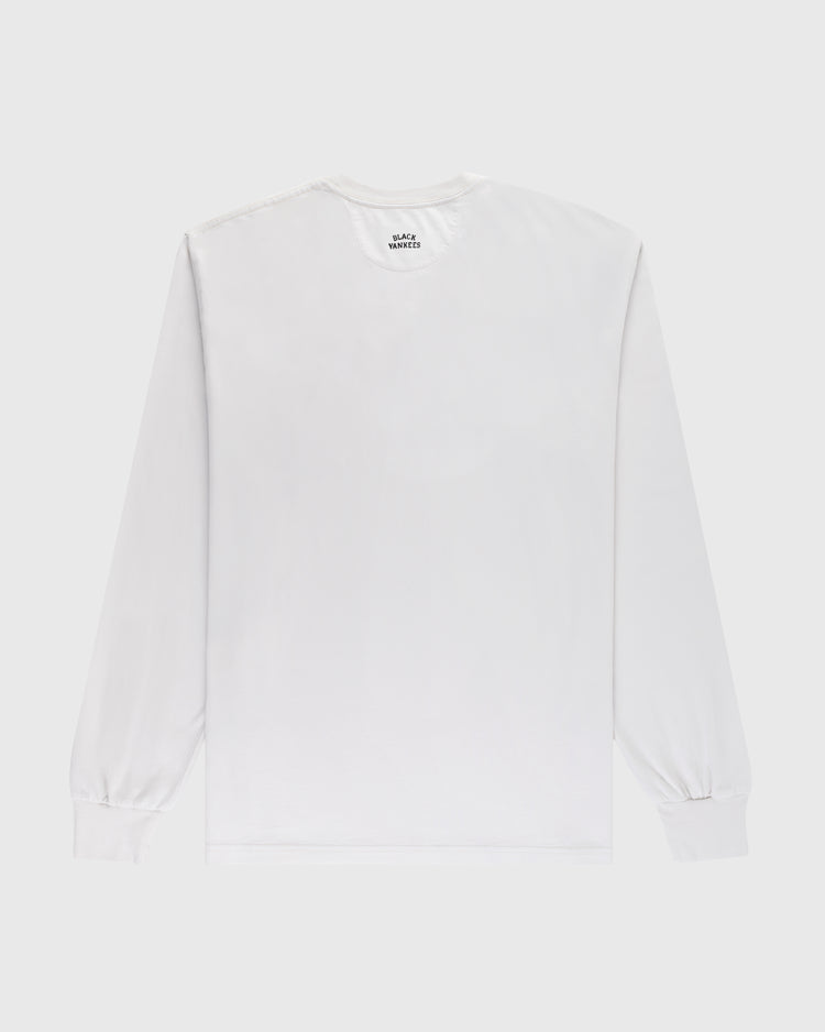 An Ebbets Field New York Black Yankees Embroidered NY Long Sleeve Pocket Tee is displayed from the back, laid flat on a light gray background.