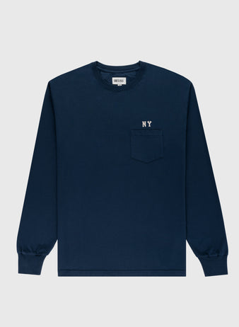 The Ebbets Field New York Black Yankees Embroidered NY Long Sleeve Pocket Tee features navy fabric, a left chest pocket, and small white NY lettering above the pocket, shown against a plain light background.