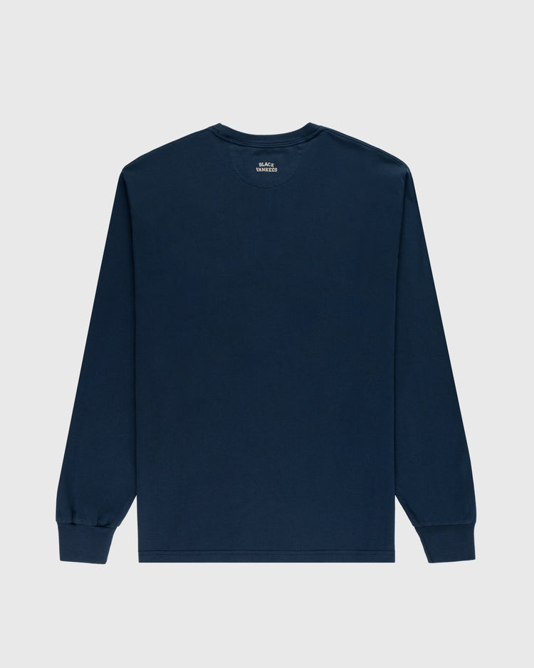 The Ebbets Field New York Black Yankees Embroidered NY Long Sleeve Pocket Tee is displayed flat with the back facing up, showing its plain navy blue design, ribbed cuffs, and no visible logos or designs on the back.