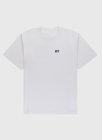 The Ebbets Field New York Black Yankees Embroidered NY Short Sleeve Tee features a plain white design with a small, dark NY emblem on the left chest, honoring the Black Yankees, displayed on a light gray background.
