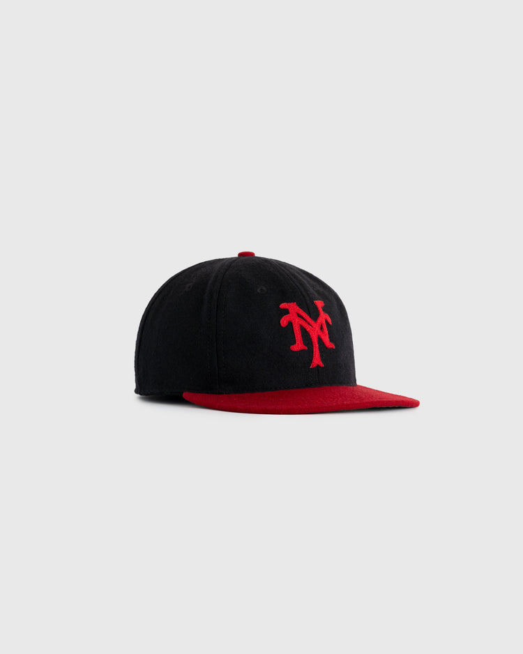 The EFF New York Cubans 1947 Authentic Wool Ballcap features black wool, a red visor, and a red embroidered NY logo on the front, shown against a plain light gray background.