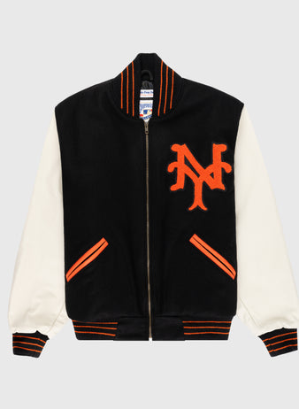 The EFF New York Giants 1951 Authentic Wool & Leather Varsity Jacket features black Pendleton wool, white leather sleeves, orange and black striped cuffs and collar, an orange NY logo on the chest, orange-trimmed pockets, and a front zipper.