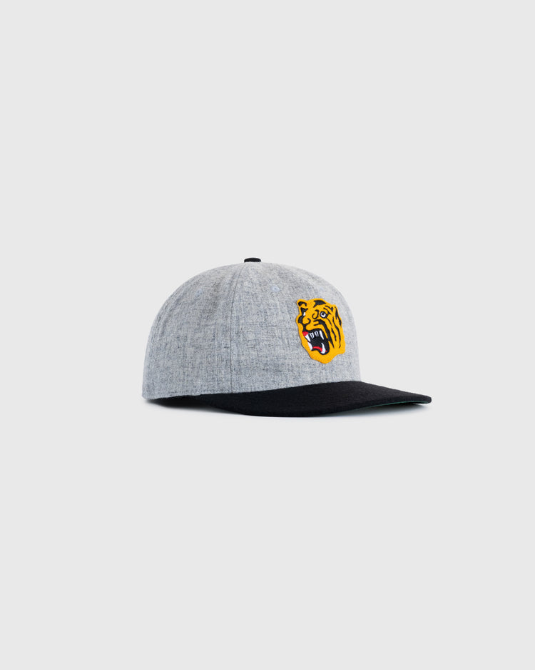 The EFF Osaka Tigers 1940 Authentic Wool Ballcap features a grey crown, black brim, and an embroidered yellow tiger patch logo—an ideal collectible for Japanese baseball fans.