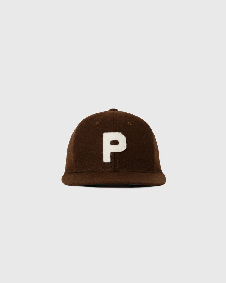 The EFF Paris Red Peppers 1946 Authentic Wool Ballcap features a brown design with a white, uppercase P on the front, crafted from genuine wool broadcloth and shown on a plain light gray background.