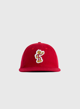 The EFF Reddy Kilowatt 1940 Authentic Wool Ballcap is a red cap with a colorful vintage Reddy Kilowatt mascot patch, displayed on a plain light gray background.