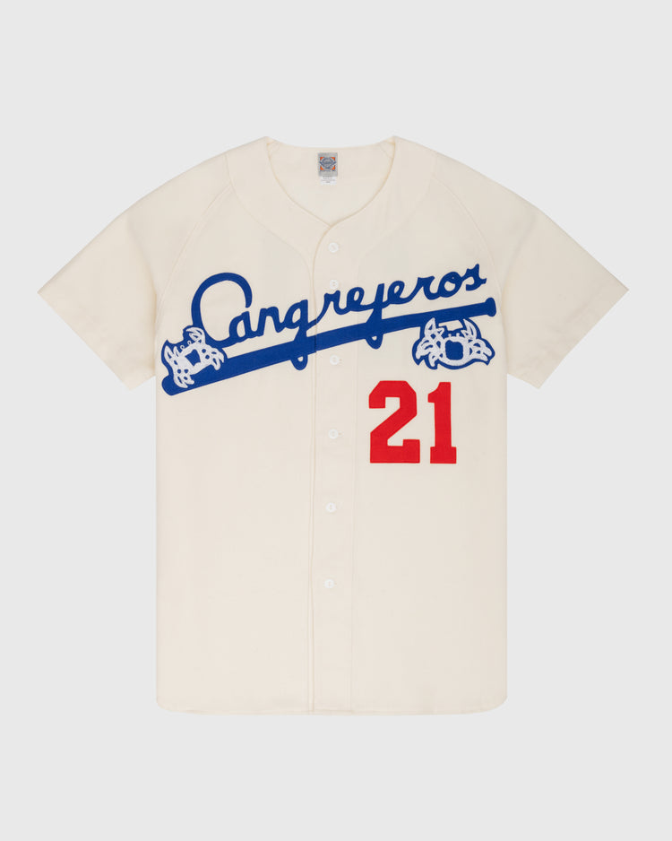 The Ebbets Field Santurce Cangrejeros 1954 Authentic Wool Home Baseball Jersey features cream wool, blue script with two crabs, red #21 for Roberto Clemente, short sleeves, and white buttons—an authentic reproduction.