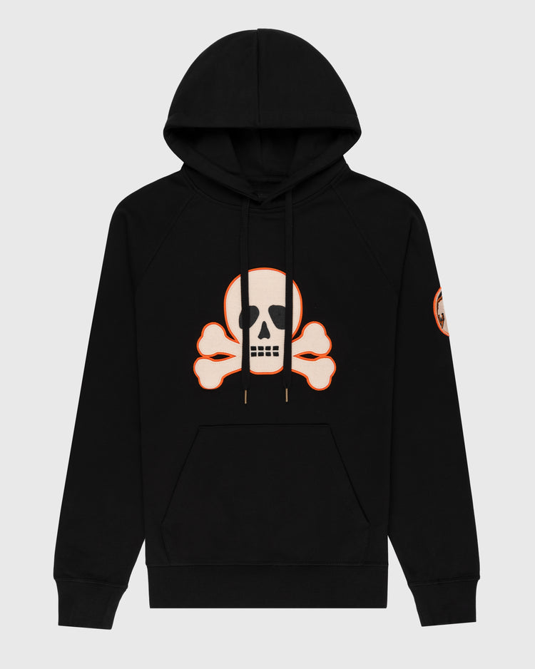 The EFF Sioux City Ghosts French Terry Felt Pullover Hoodie features a white skull-and-crossbones graphic with orange outlines on the front and a circular patch on the left sleeve, inspired by the legendary barnstorming team.