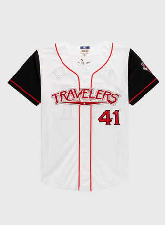 The Ebbets Field JULIO RODRIGUEZ BUTTON UP MESH JERSEY WHT/BLK is a white jersey with black sleeves and red trim, featuring Travelers in red across the chest and the number 41 in red on the lower right front.