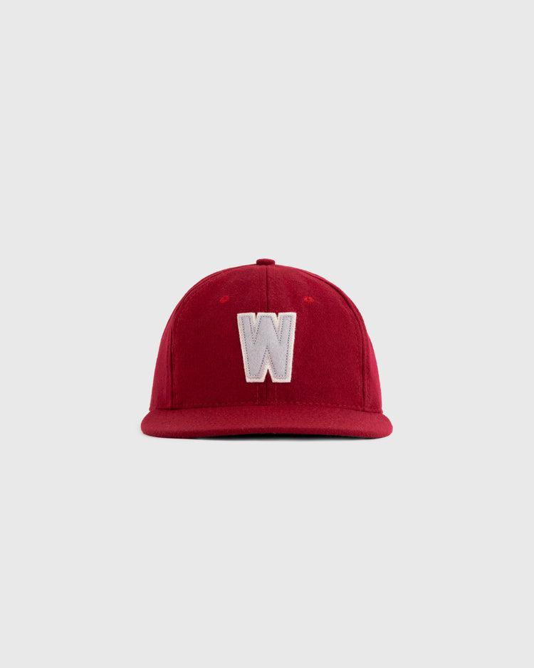 The EFF Washington State University 1956 Authentic Wool Ballcap features a large white W on red wool, echoing the classic WSU baseball hat, and is shown against a plain light gray background.