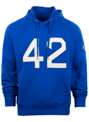 Celebrate a baseball legend in the EFF Jackie Robinson French Terry Script Hooded Sweatshirt—royal blue, soft fabric, front pocket, drawstrings, and bold white 42—perfect for the 75th anniversary.