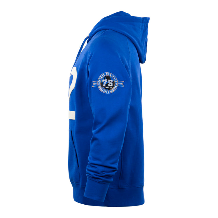 Side view of the EFF Jackie Robinson French Terry Script Hooded Sweatshirt in royal blue, featuring a white front graphic, 75 round patch on the upper sleeve for the 75th anniversary, front pocket, and ribbed cuffs.