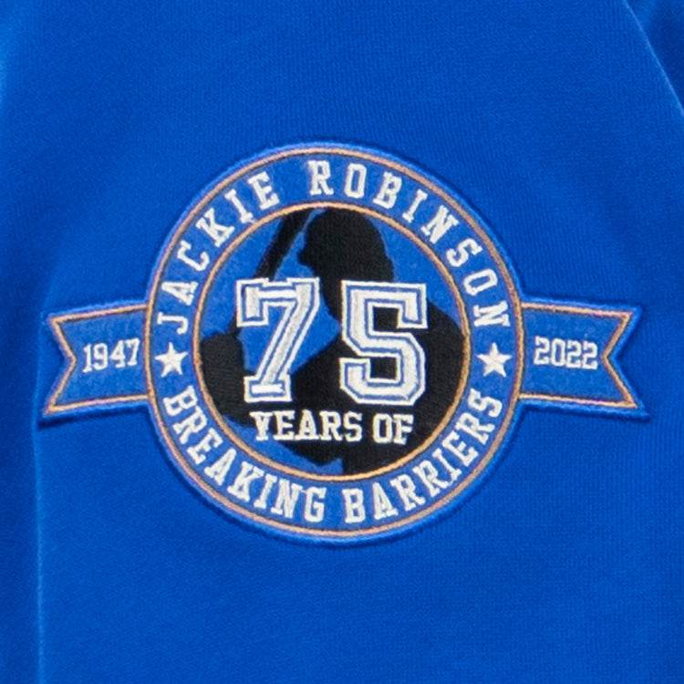 Celebrate 75 years with the blue EFF Jackie Robinson French Terry Script Hooded Sweatshirt—features a Jackie Robinson Breaking Barriers 1947-2022 patch with baseball player silhouette. Perfect for honoring a legend.