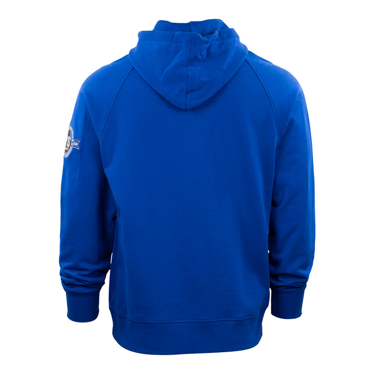 The EFF Jackie Robinson French Terry Script Hooded Sweatshirt in royal blue is shown from the back, featuring long sleeves, ribbed cuffs and hem, a 75th anniversary patch on the upper left sleeve, and a flat hood.