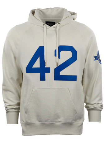 The EFF Jackie Robinson French Terry Script Hooded Sweatshirt in natural features a bold blue 42 on the front, blue star patch on the left sleeve, front pocket, and drawstrings—perfect for honoring Jackie Robinson’s legacy.