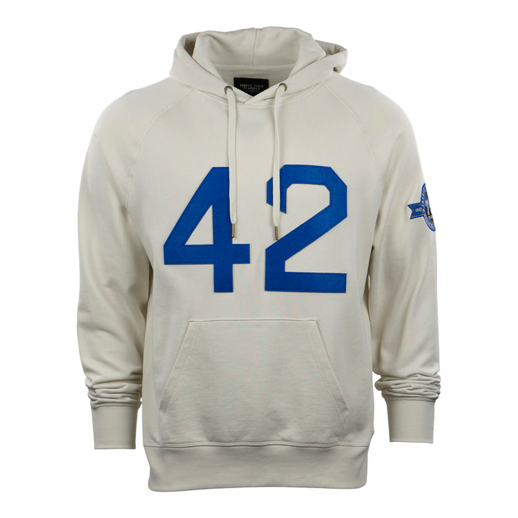 The EFF Jackie Robinson French Terry Script Hooded Sweatshirt in natural features a bold blue 42 on the front, blue star patch on the left sleeve, front pocket, and drawstrings—perfect for honoring Jackie Robinson’s legacy.