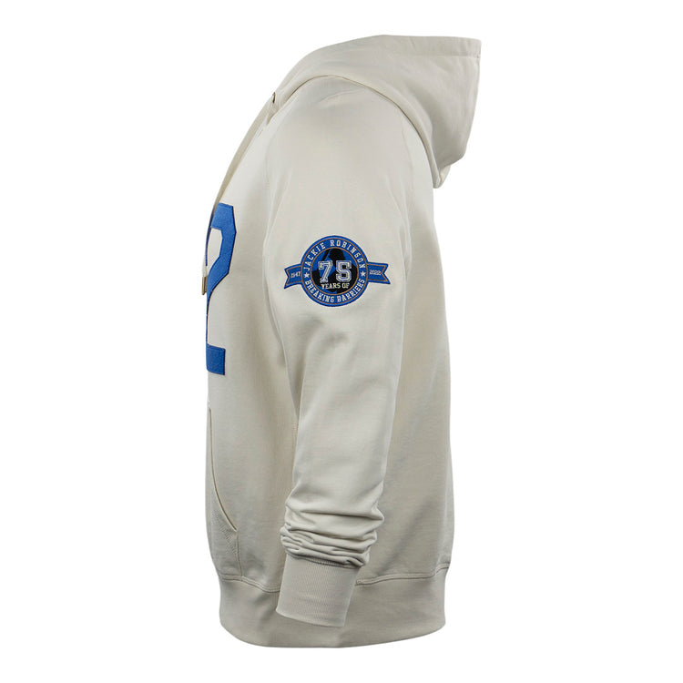 Side view of the EFF Jackie Robinson French Terry Script Hooded Sweatshirt in natural, featuring a blue number on the front and a blue 75 Years emblem patch on the upper sleeve, honoring Jackie Robinson’s 75th anniversary.