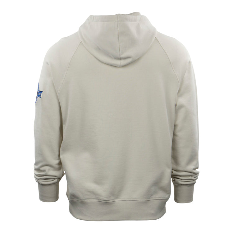 The EFF Jackie Robinson French Terry Script Hooded Sweatshirt in natural features long sleeves, a relaxed fit, a small blue patch on the left arm, and a plain back for timeless style.