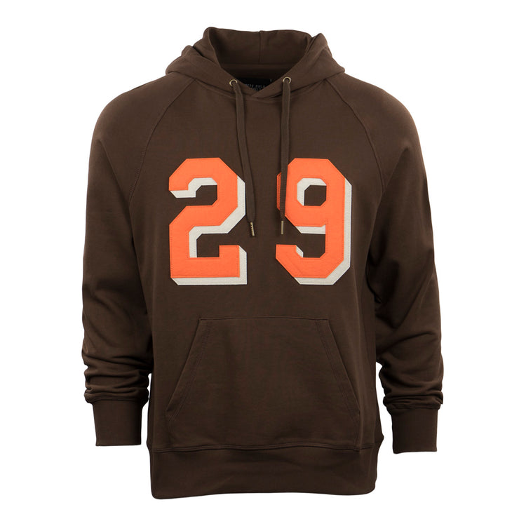 The EFF Satchel Paige French Terry Script Hooded Sweatshirt is a brown hoodie with a front pocket and hood, featuring bold orange and white 29 on the chest—celebrating Paiges iconic journey to the major leagues.