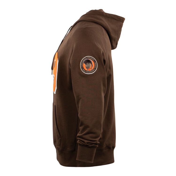 Side view of the EFF Satchel Paige French Terry Script Hooded Sweatshirt in brown, with a chest design, front pocket, and a circular patch on the left sleeve featuring Satchel Paiges illustrated face, honoring his Negro Leagues and MLB legacy.