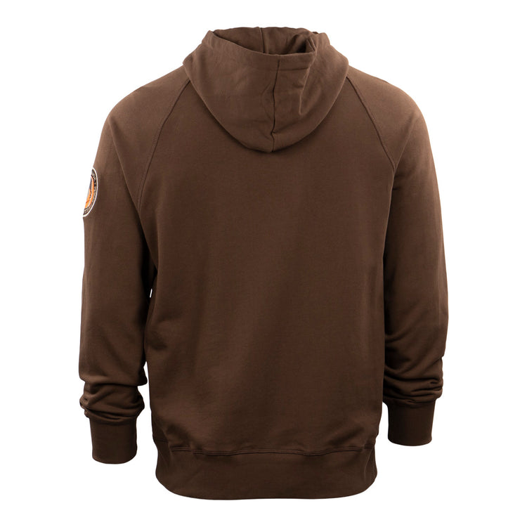 The EFF Satchel Paige French Terry Script Hooded Sweatshirt is a brown, relaxed-fit hoodie with long sleeves, ribbed cuffs and hem, a back view, and an upper left arm patch honoring Satchel Paige’s Negro Leagues legacy.