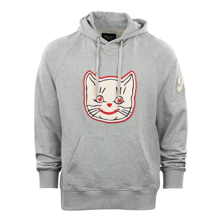 The EFF Kansas City Katz French Terry Script Hooded Sweatshirt in gray features a large cartoon cat face with red accents and a kangaroo pocket—ideal for fans of Kansas City or those nostalgic for Katz Drugstore.