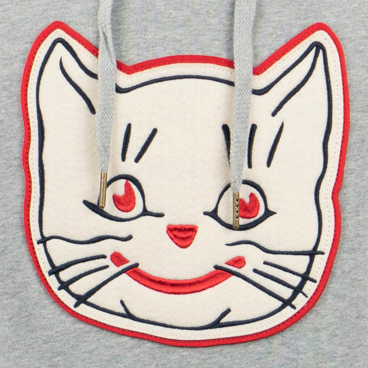 The EFF Kansas City Katz French Terry Script Hooded Sweatshirt in gray features a red-outlined, embroidered cartoon cat face patch and two gray drawstrings.