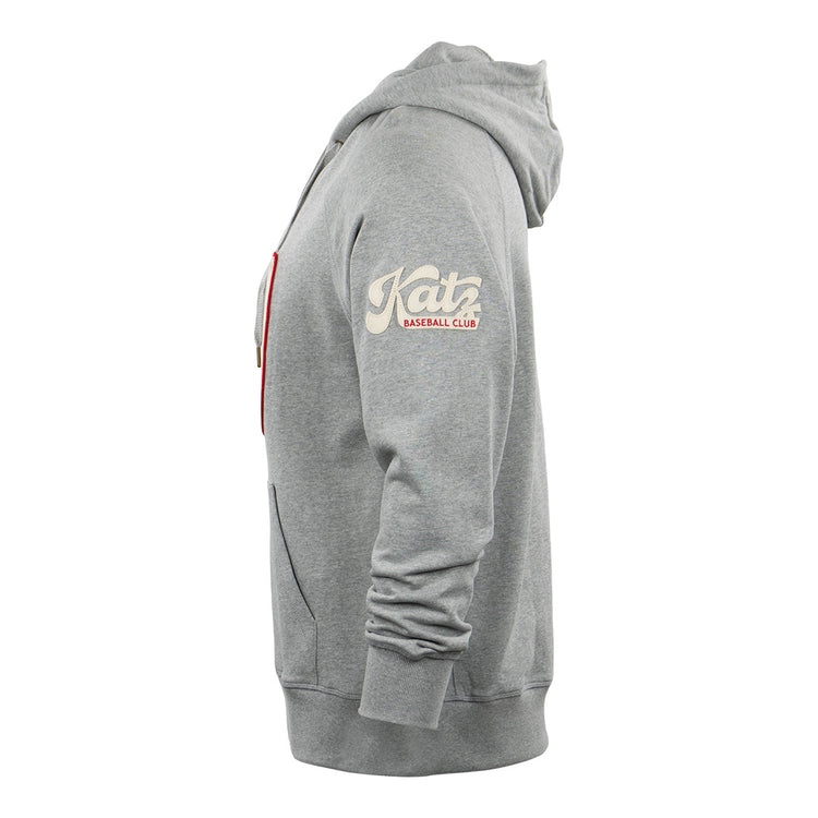 Side view of the EFF Kansas City Katz French Terry Script Hooded Sweatshirt in gray, featuring a front pocket and cream/red Katz Baseball Club text on the upper left sleeve, inspired by Kansas Citys Katz Drugstore and baseball heritage.