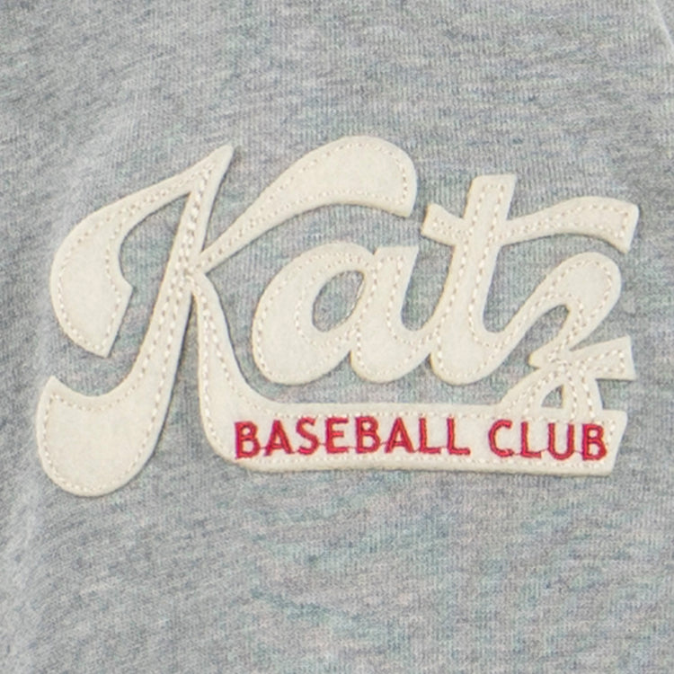 The EFF Kansas City Katz French Terry Script Hooded Sweatshirt features white embroidered Katz script and bold red BASEBALL CLUB lettering, honoring the historic Katz Drugstores Kansas City legacy on a light gray background.