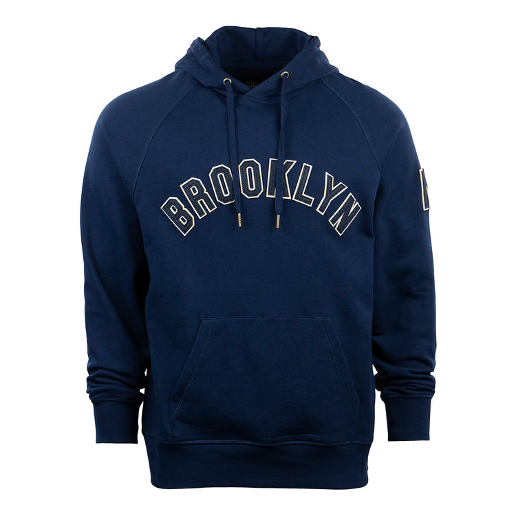 The EFF Brooklyn Eagles French Terry Script Hooded Sweatshirt features a navy blue color, front pocket, drawstrings, and BROOKLYN EAGLES in white arched lettering—a tribute to Brooklyn’s baseball legacy.