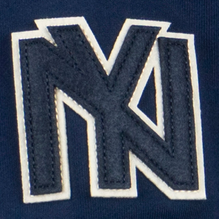 The Brooklyn Eagles French Terry Script Hooded Sweatshirt by EFF features a navy patch with overlapping white and navy N shapes, outlined in white stitching, inspired by the Newark Eagles legacy.